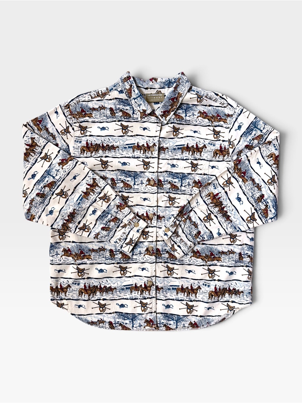 VTG 90s Liz Claiborne Lizwear Equestrian Novelty Print Cotton Button Down Sz PL
